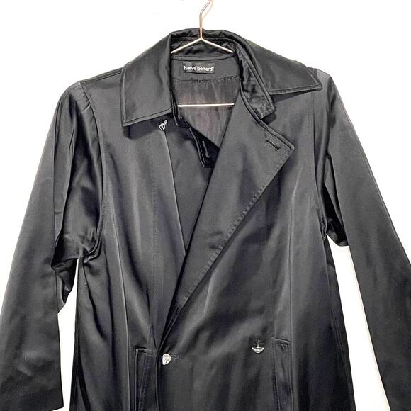 Harve Bernard Black Satin Diamond Design Buttons Trench Coat size 4 - Picture 5 of 11